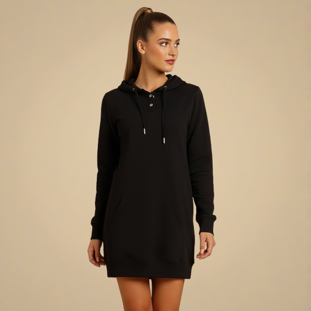 Robe Sweat Courte à Capuche et Poche Kangourou – Noir
