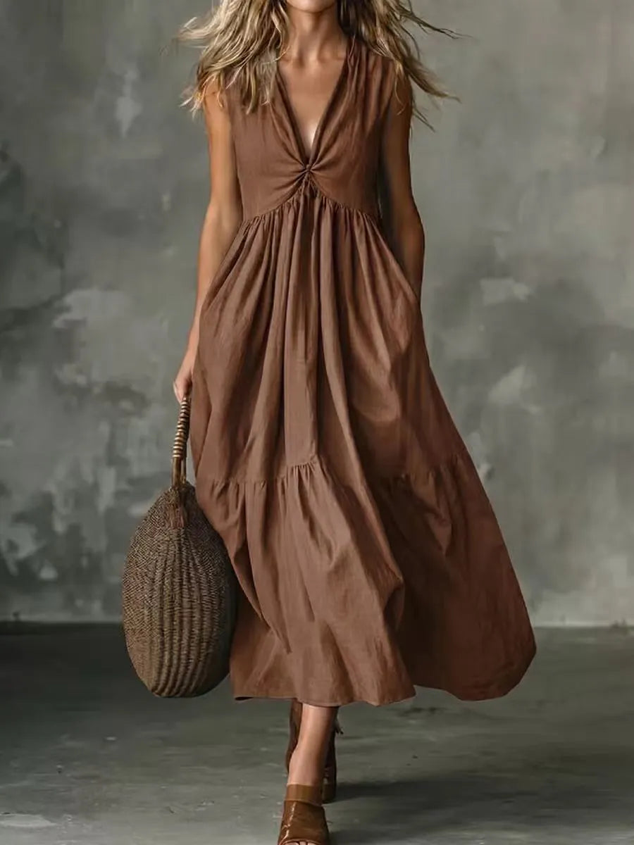 Robe Trapèze Col V Sans Manches à Poches – Marron