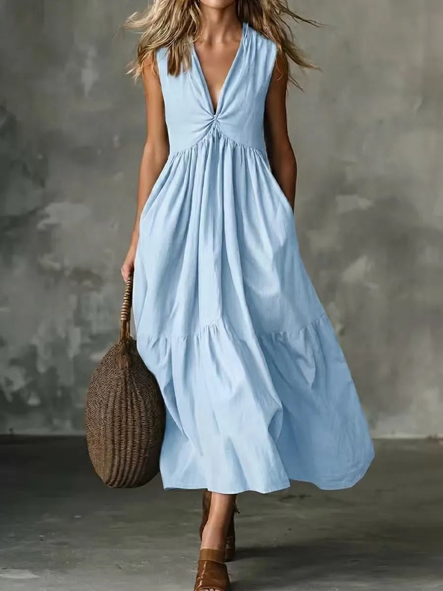 Robe Trapèze Col V Sans Manches à Poches – Bleu clair