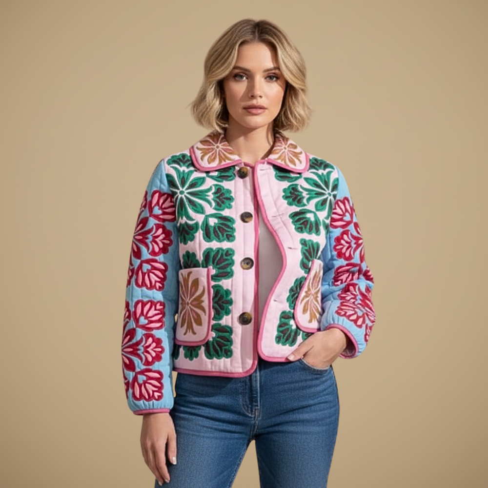 Veste en Coton Imprimé Fleurs à Col Rabattu – Rose multicolore