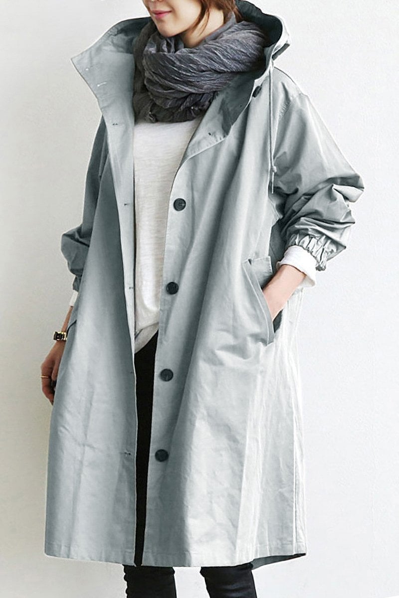 Trench à Capuche Déperlant Mi-Long – Gris clair