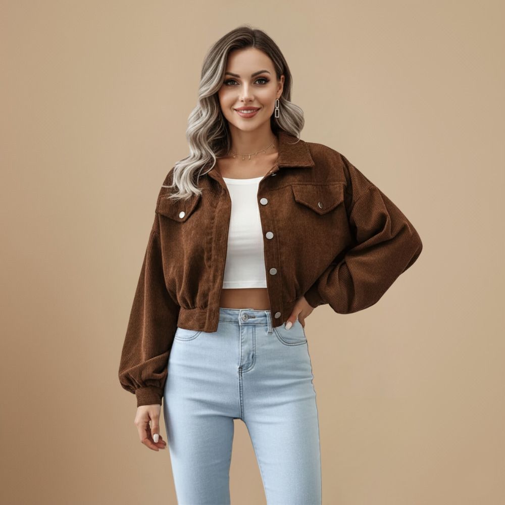 Veste Courte en Velours Côtelé à Poches Rabat – Marron