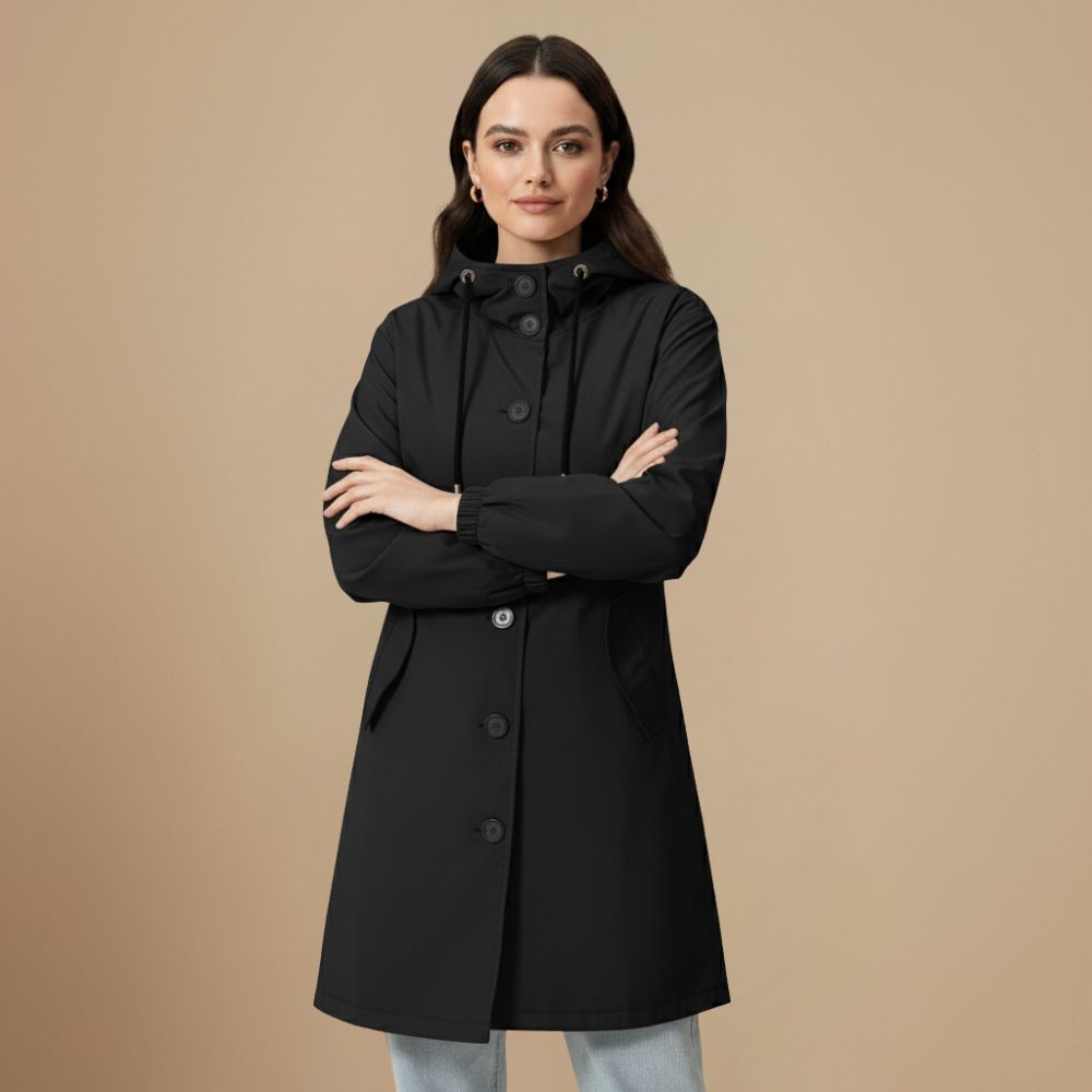 Coupe-Vent Mi-Long à Capuche Réglable – Noir