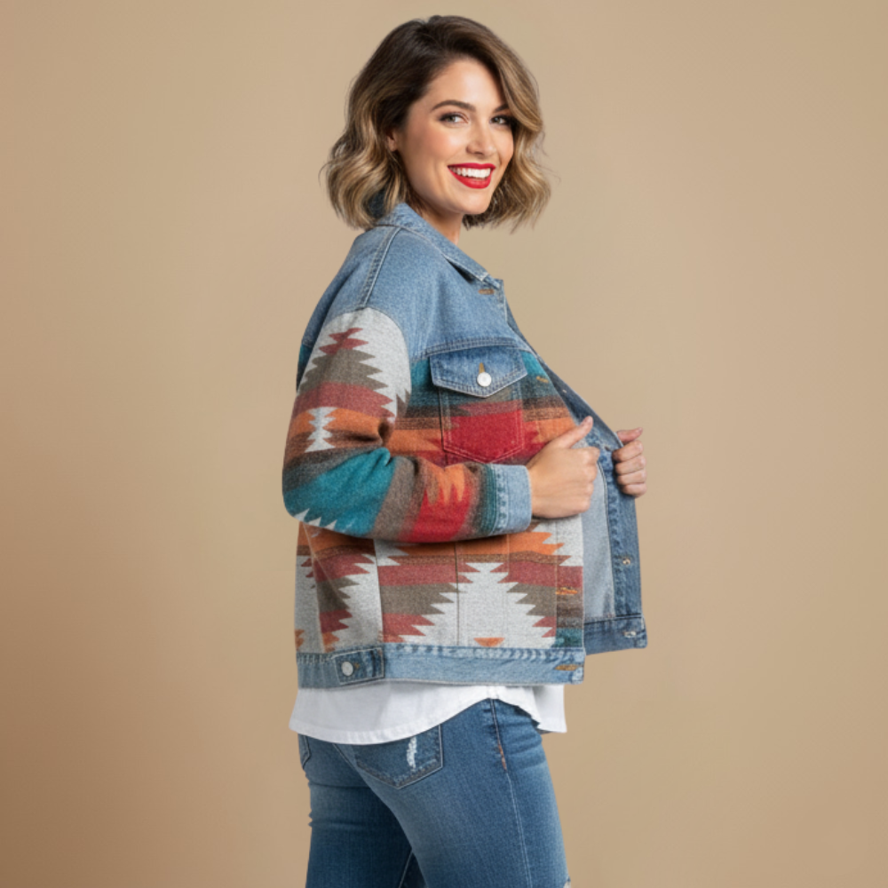 Veste en Jean Patchwork à Motifs Géométriques – vue 3