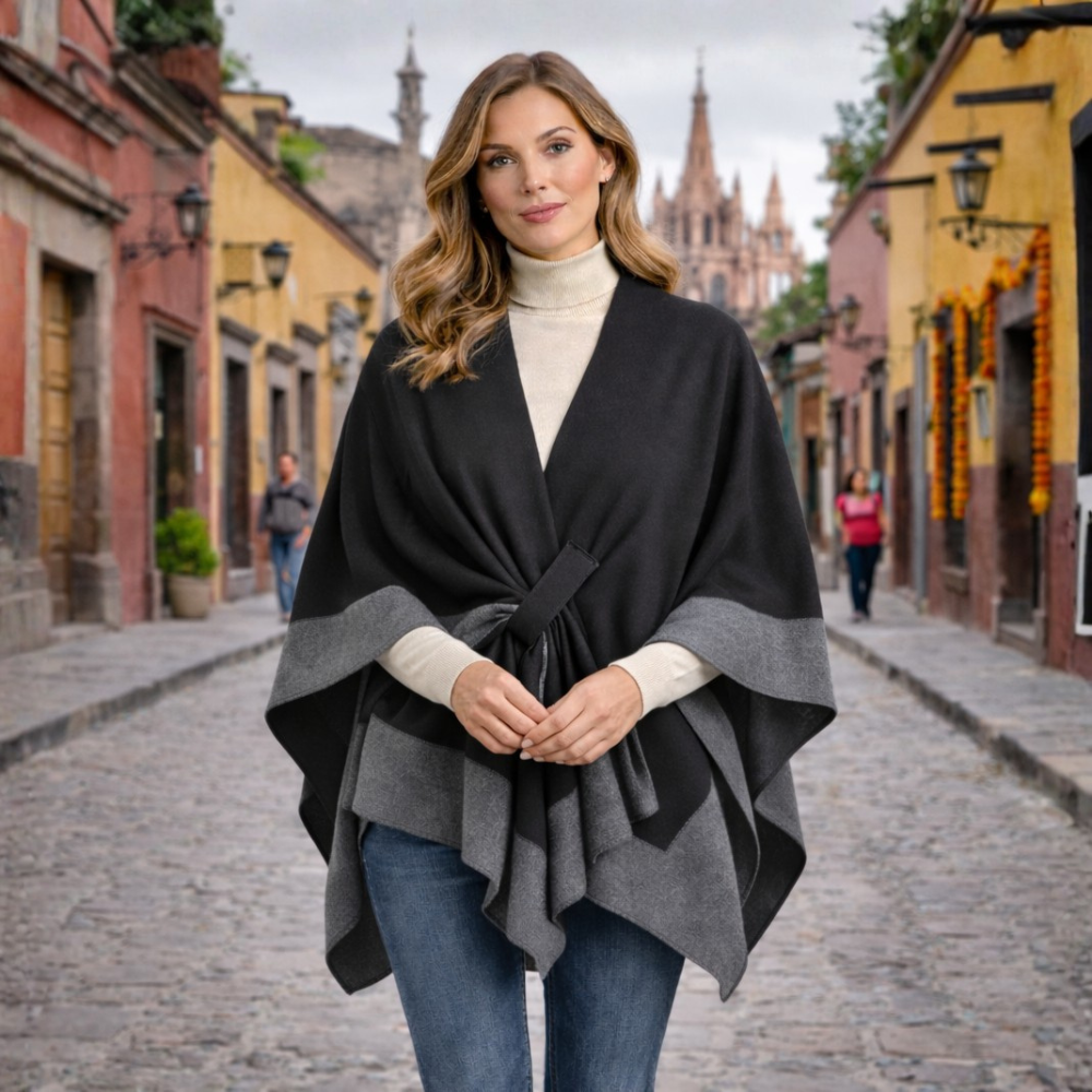 Poncho en Maille à Bordure Bicolore – vue 3
