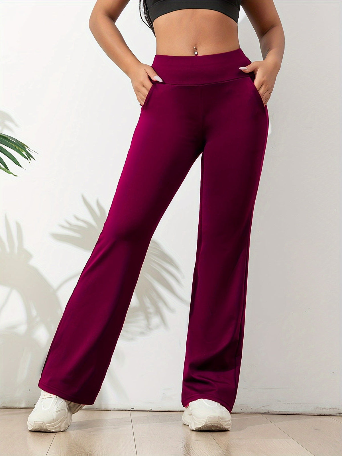 Pantalon Évasé Taille Haute à Ceinture Élastique – Bordeaux