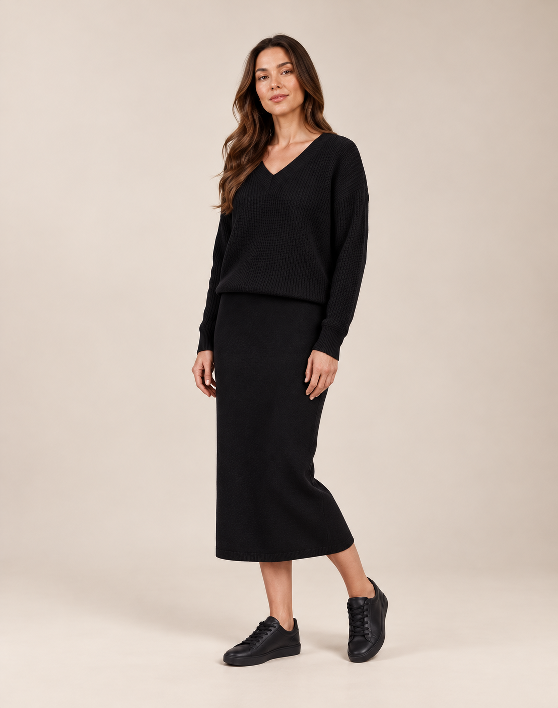 Ensemble Pull Ample et Jupe Longue en Maille – Noir