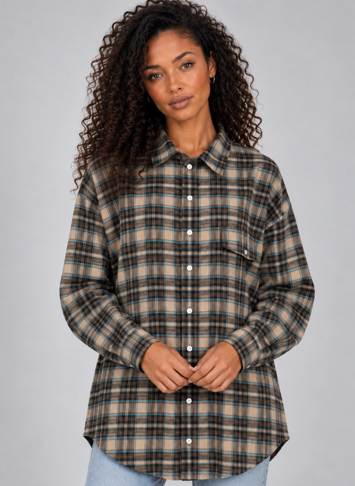 Chemise Longue Oversize à Carreaux – Marron