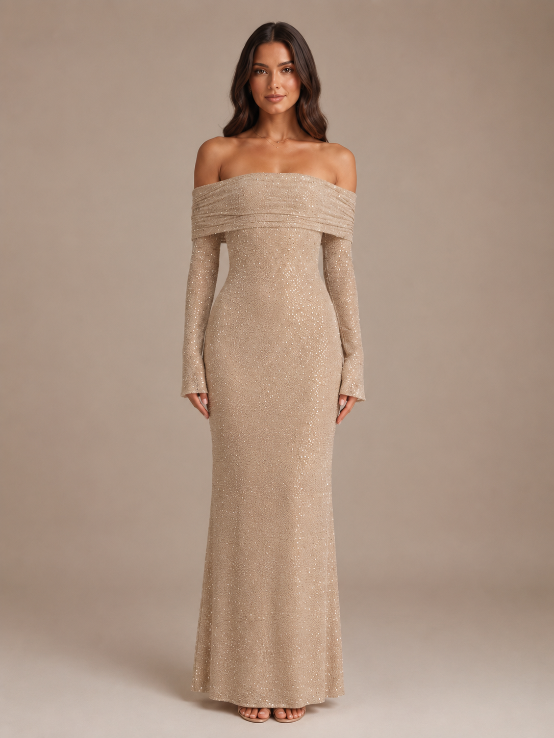 Robe Longue Pailletée Épaules Dénudées – vue 3
