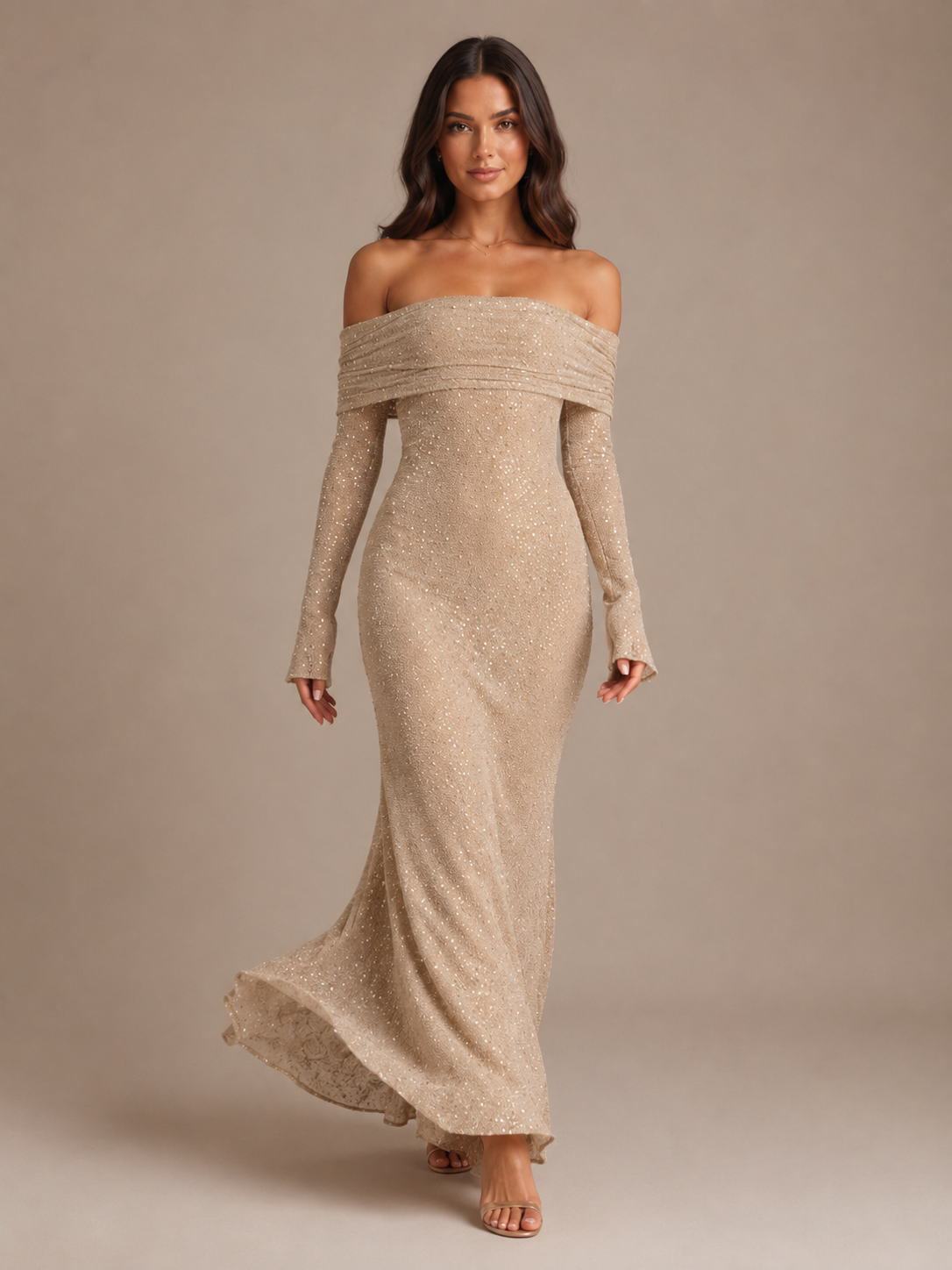 Robe Longue Pailletée Épaules Dénudées – vue 7