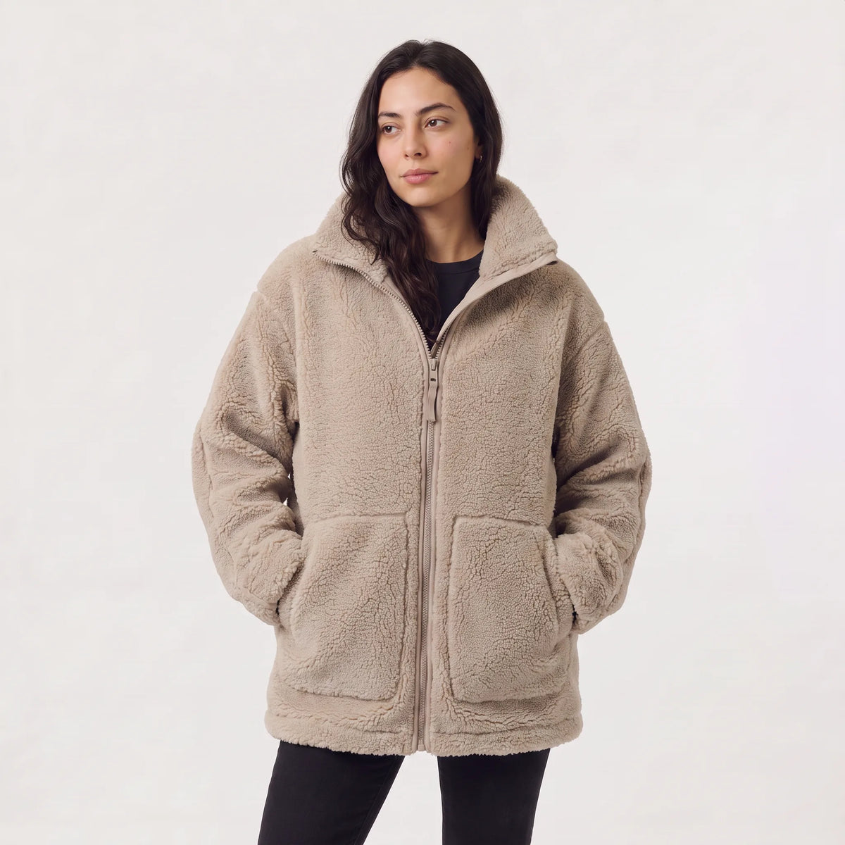Veste Teddy Oversize Zippée Col Montant – Taupe