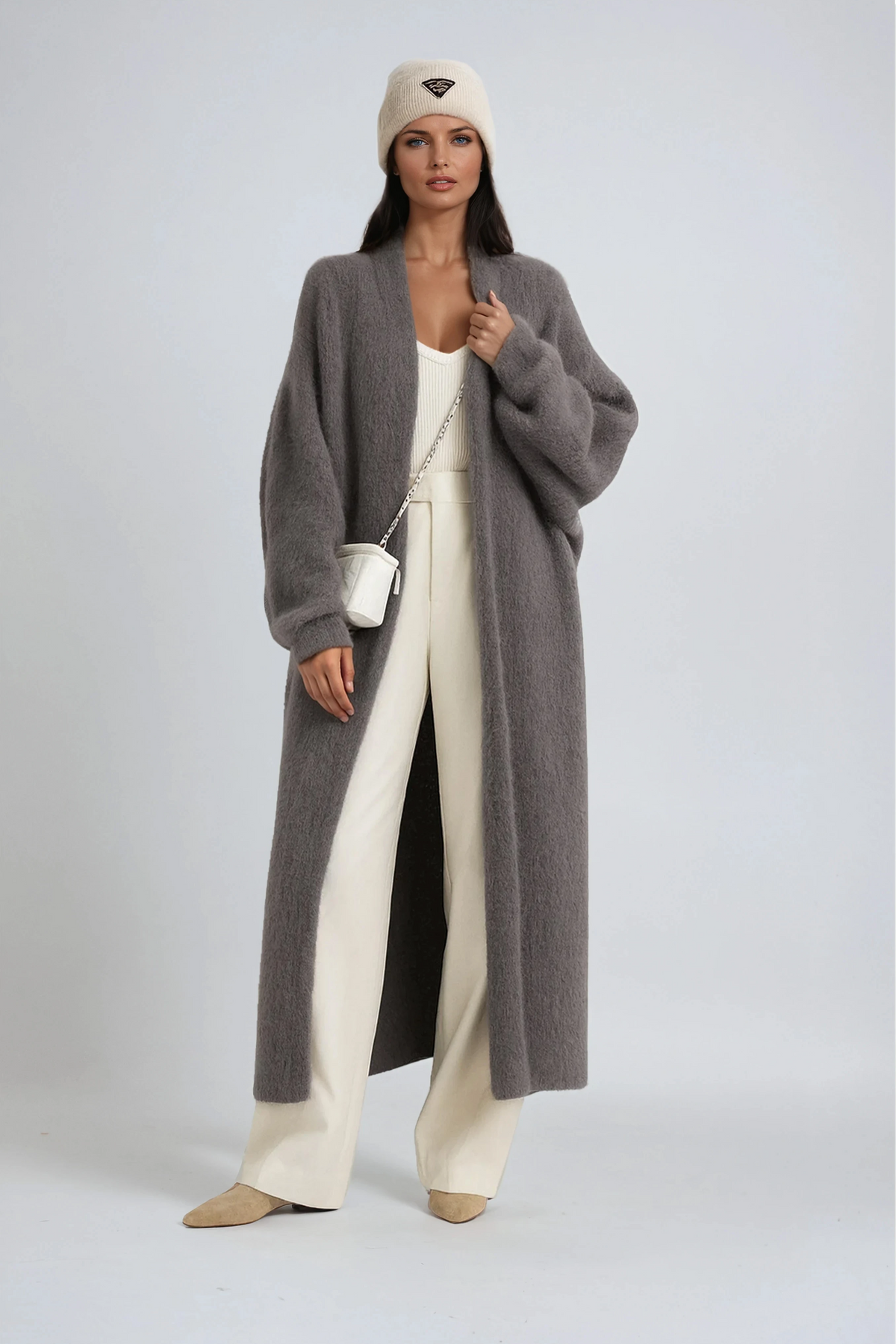 Gilet Long Oversize en Maille Ouvert – Gris