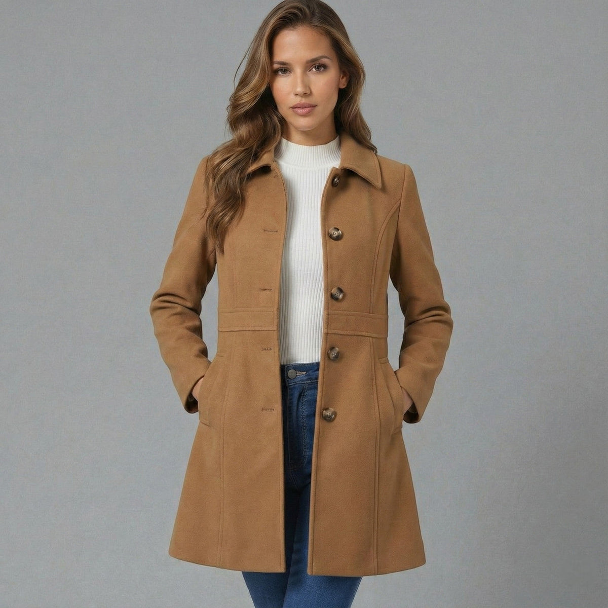 Manteau Ligne A Boutonné à Col Classique – Marron