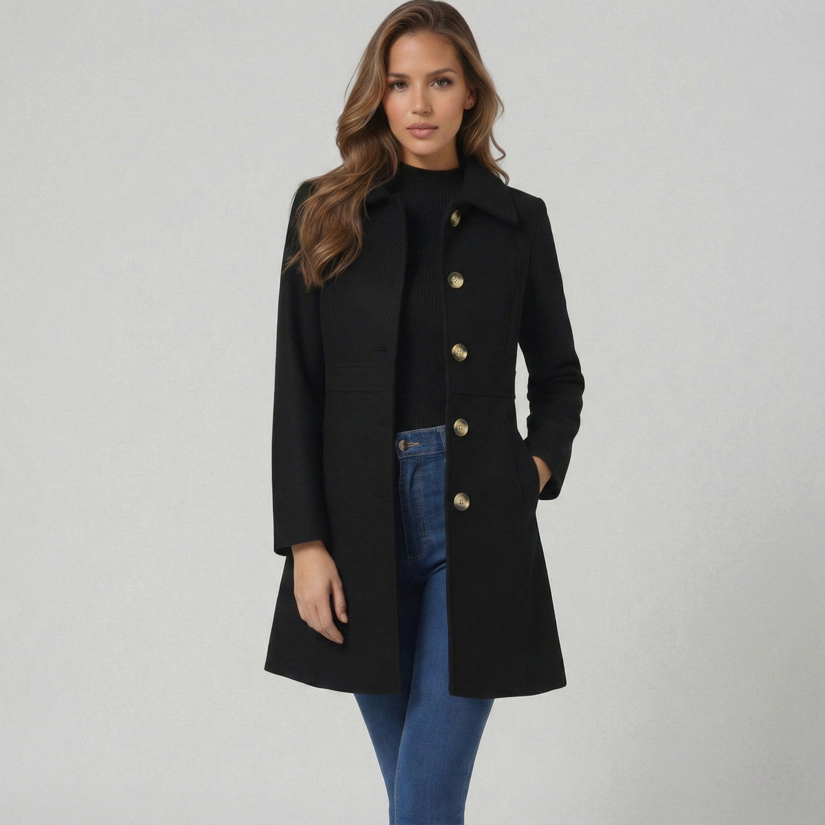 Manteau Ligne A Boutonné à Col Classique – Noir