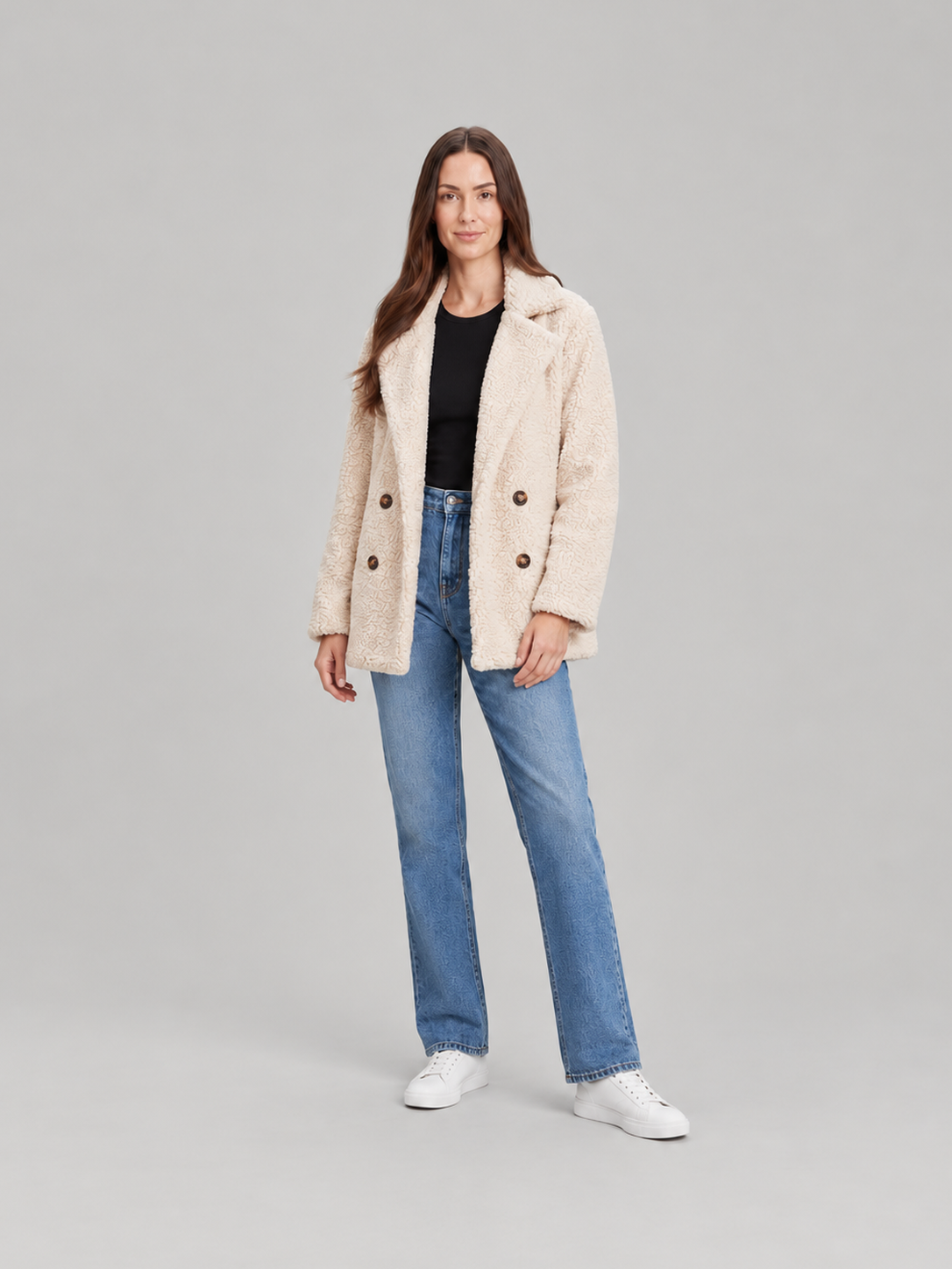 Veste Teddy Courte à Revers Femme – Blanc cassé