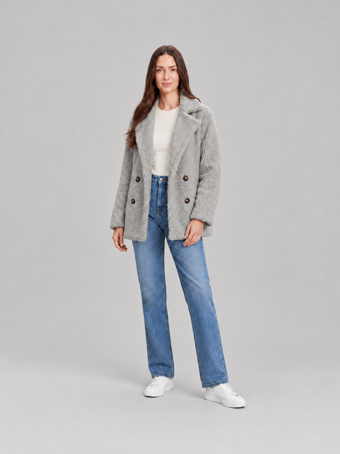 Veste Teddy Courte à Revers Femme – Gris clair