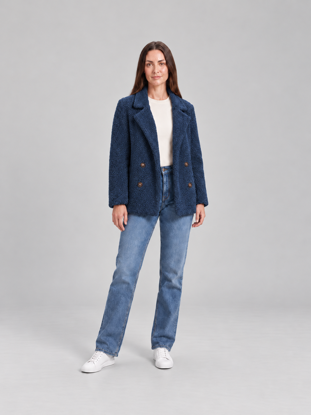 Veste Teddy Courte à Revers Femme – Bleu marine
