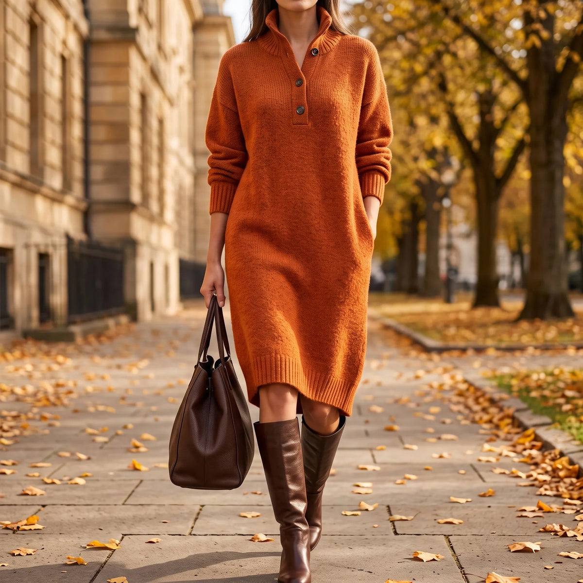 Robe Midi en Maille à Col Montant Boutonné – vue 2