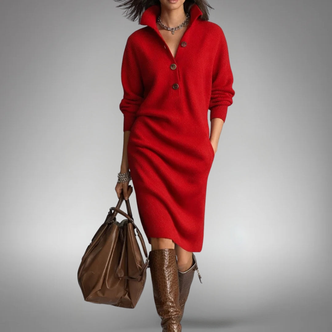 Robe Midi en Maille à Col Montant Boutonné – Rouge