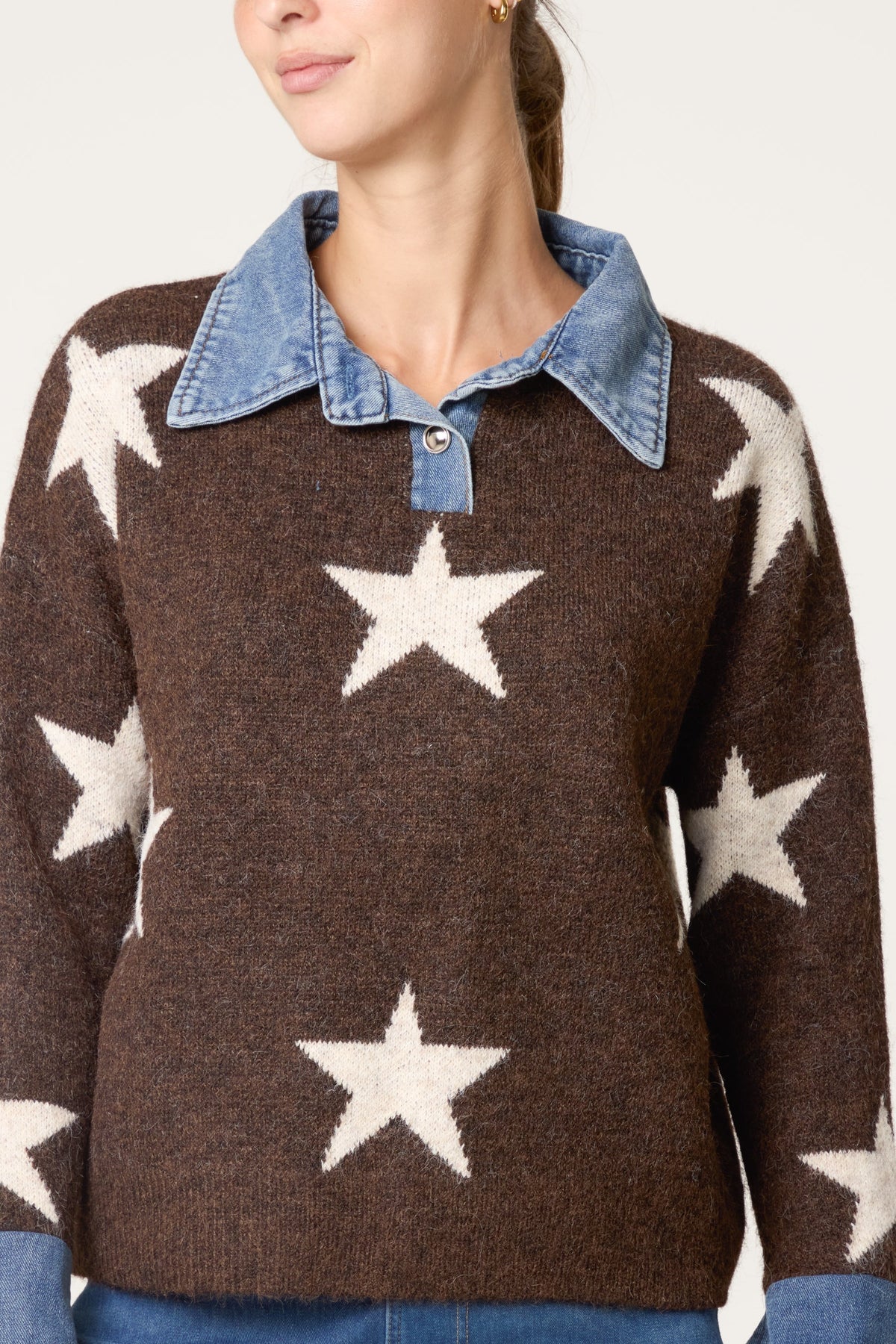 Pull Motif Étoiles à Col en Jean – vue 3