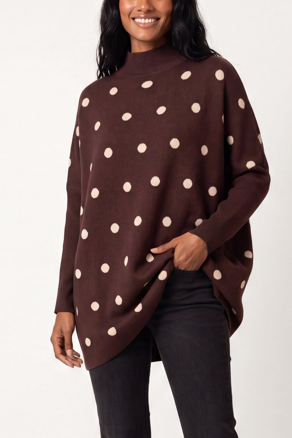 Pull à Pois Manches Chauve-Souris – Chocolat à pois beige