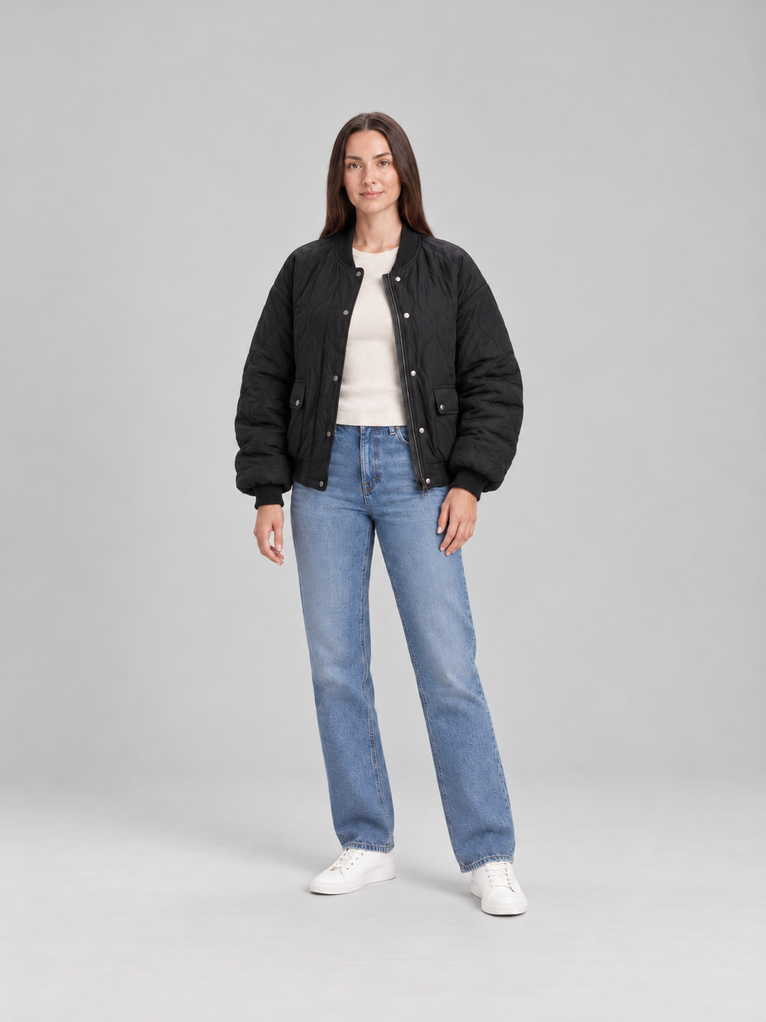 Blouson bomber matelassé femme noir, vue de face