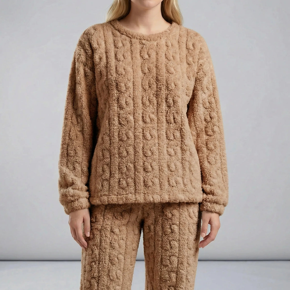 Pyjama Gratté Torsadé à Manches Longues – Marron