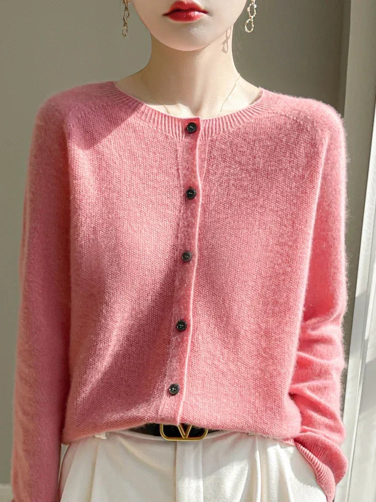 Gilet en Maille Fine de Coton Col Rond – Rose