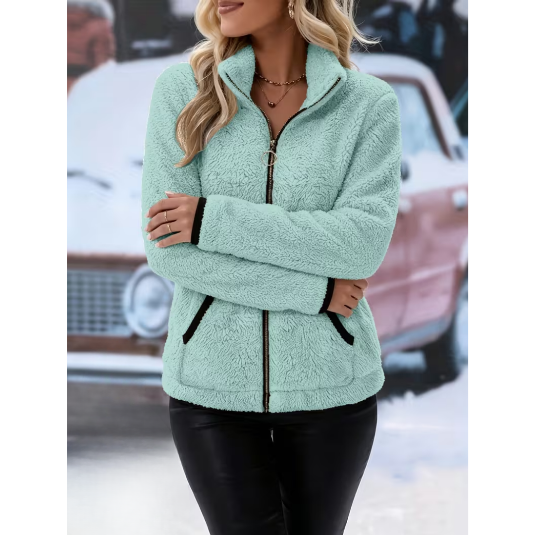 Veste Teddy Zippée Col Montant à Finitions Contrastées – Vert menthe