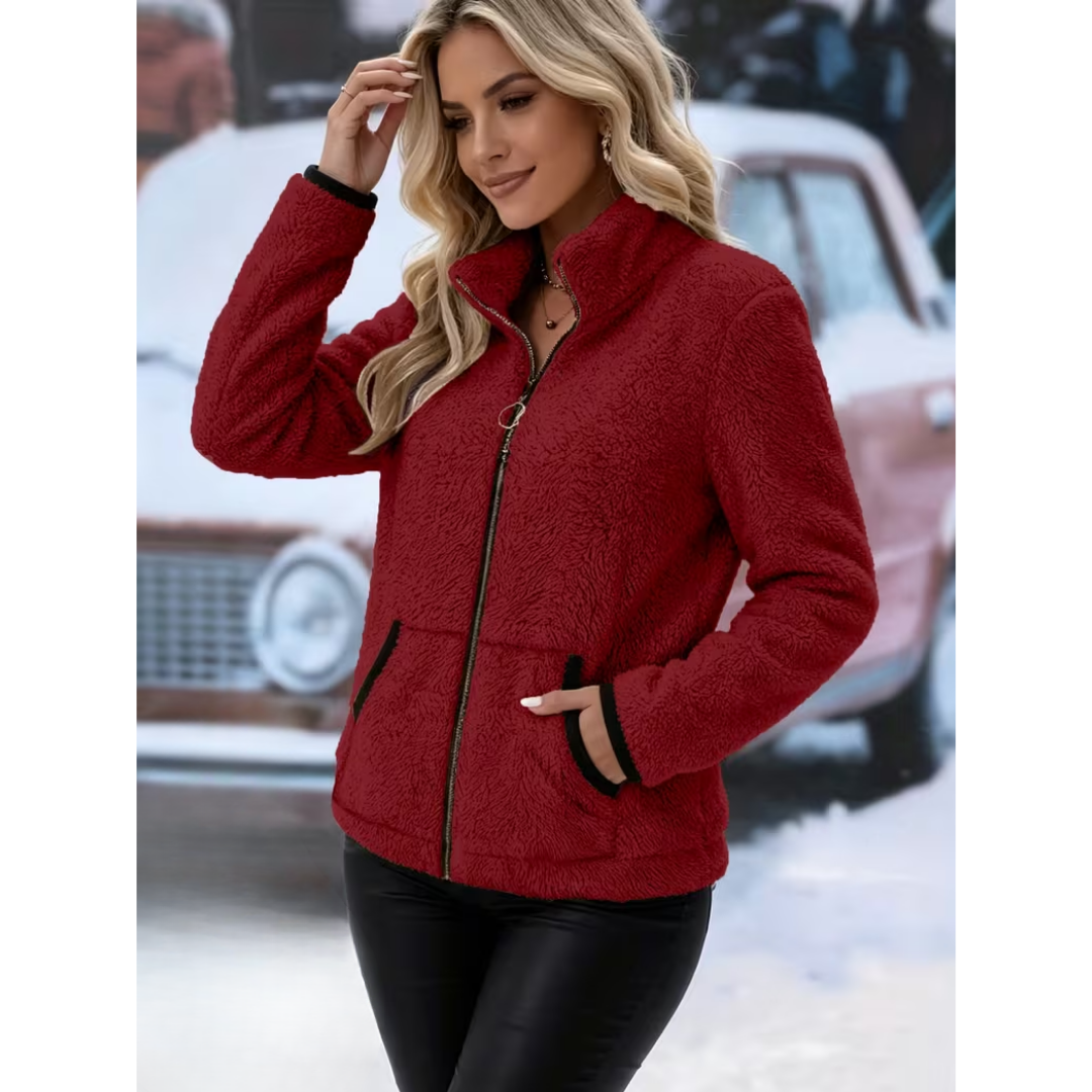 Veste Teddy Zippée Col Montant à Finitions Contrastées – Rouge