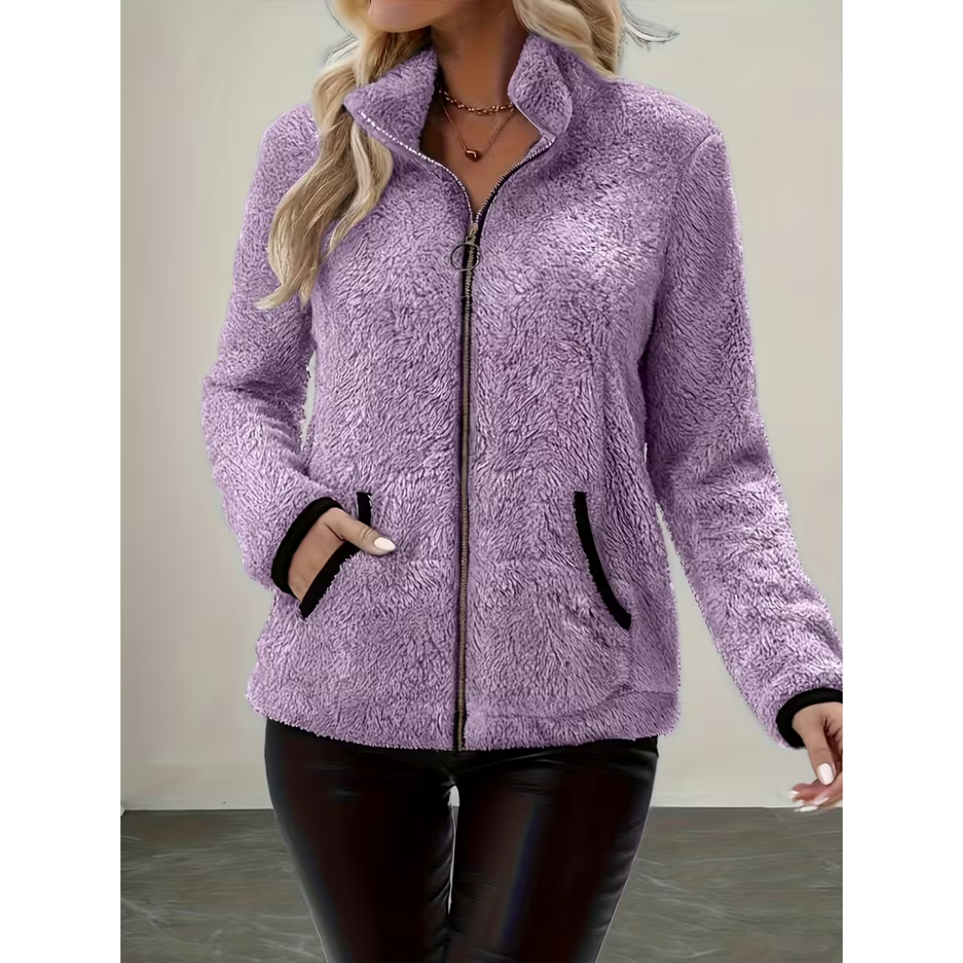 Veste Teddy Zippée Col Montant à Finitions Contrastées – Lilas