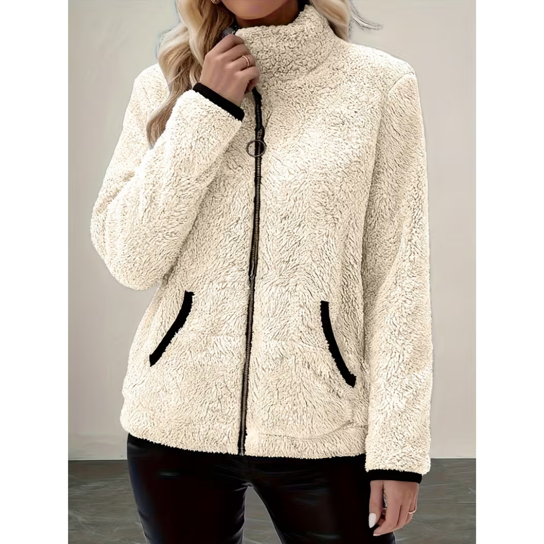 Veste Teddy Zippée Col Montant à Finitions Contrastées – Blanc cassé