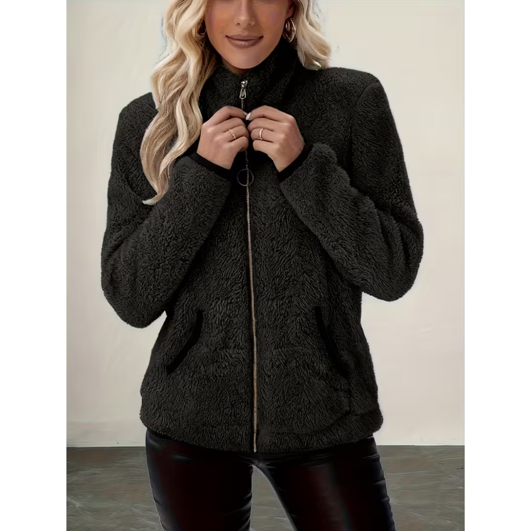 Veste Teddy Zippée Col Montant à Finitions Contrastées – Noir