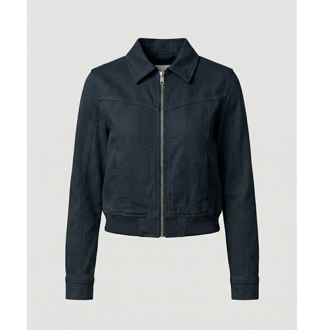 Veste Courte Rétro Zippée à Col Classique – Bleu marine