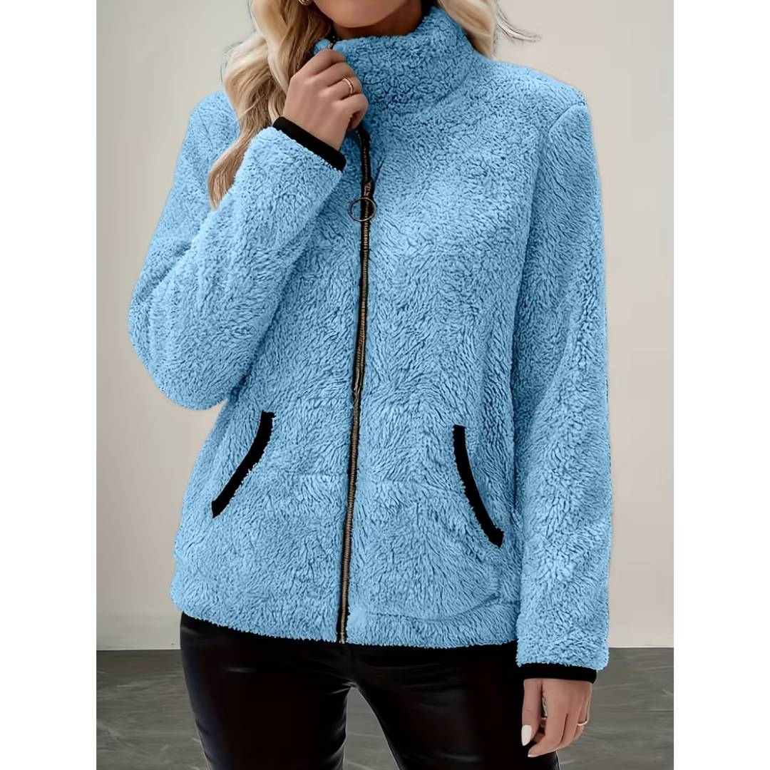 Veste Teddy Zippée Col Montant à Finitions Contrastées – Bleu ciel