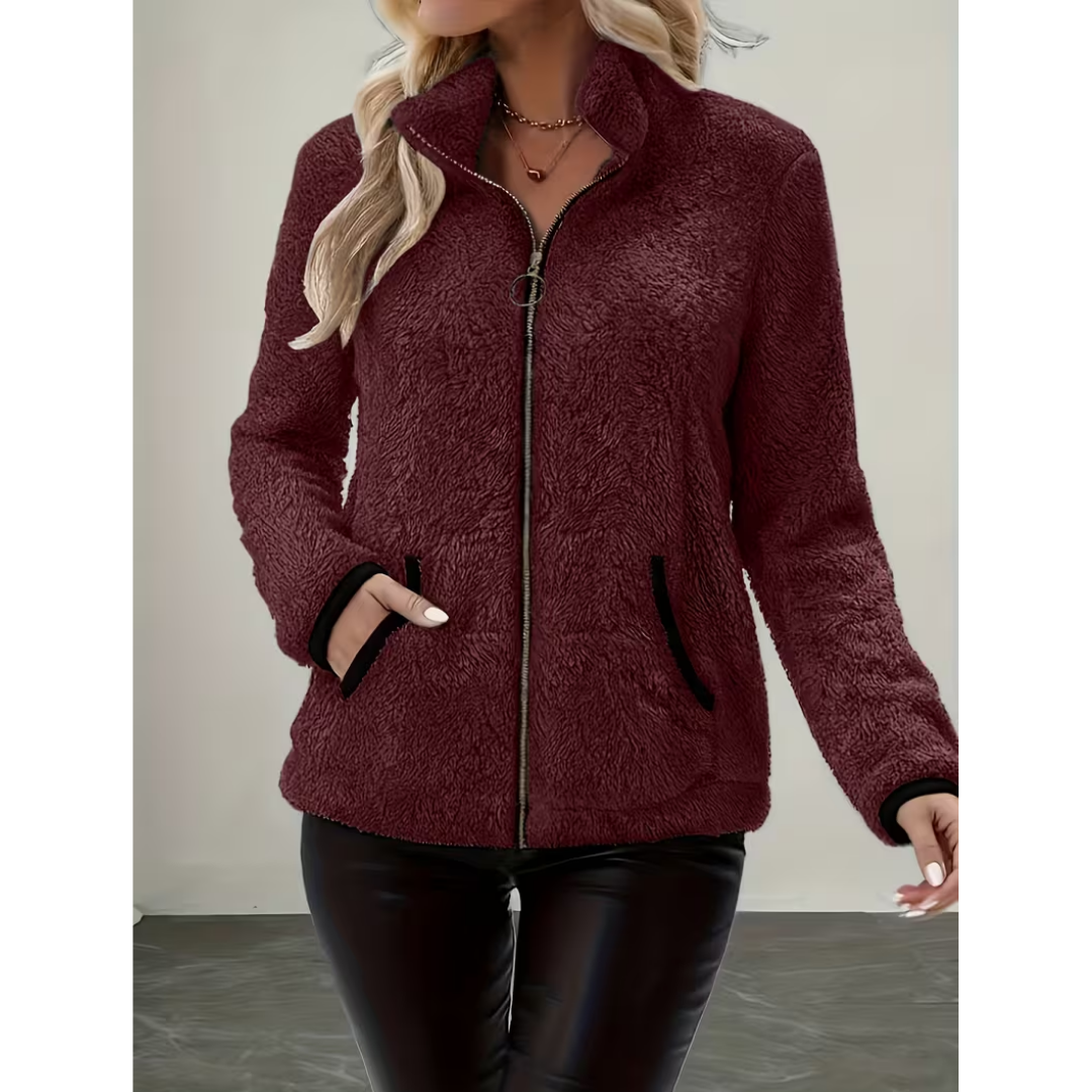 Veste Teddy Zippée Col Montant à Finitions Contrastées – Bordeaux