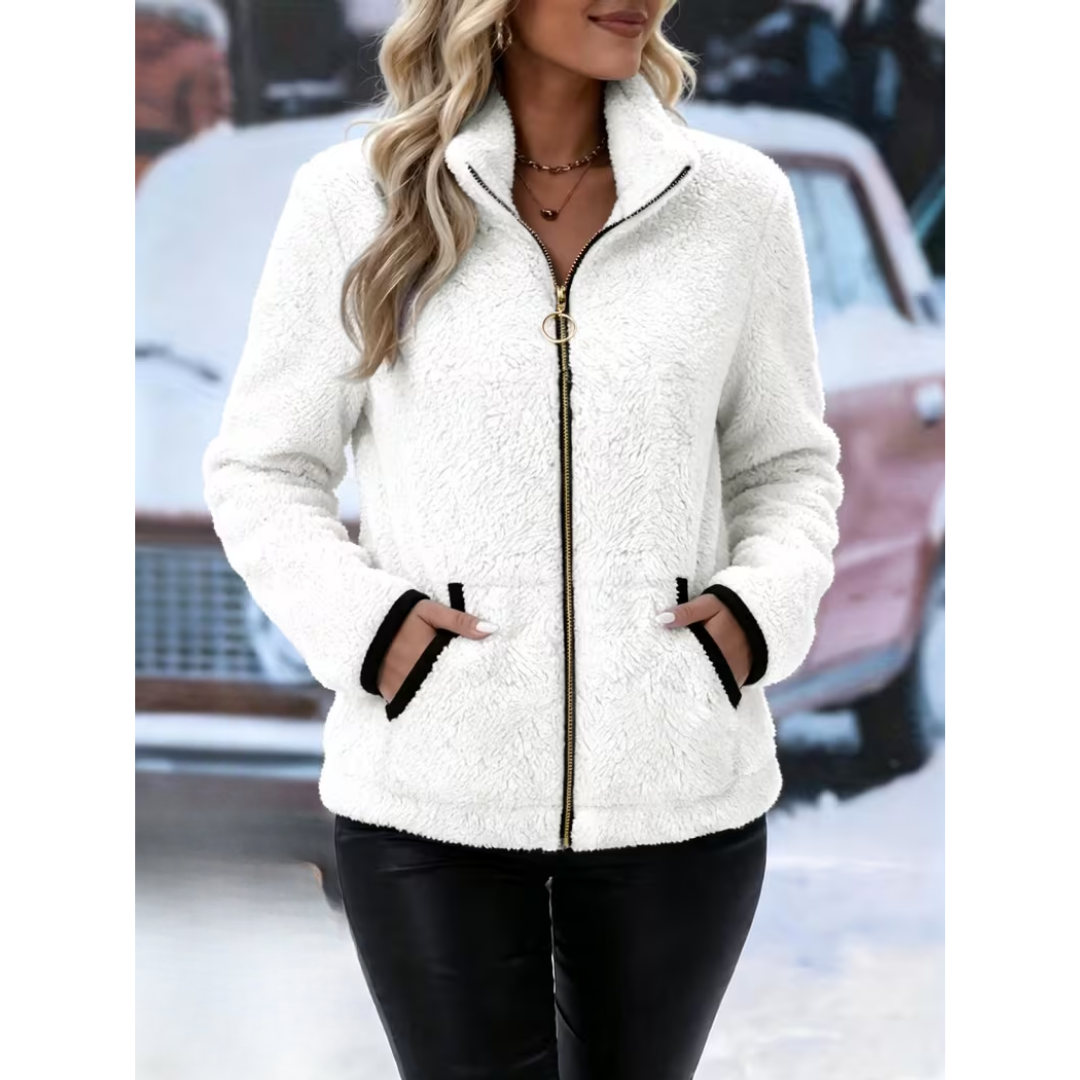 Veste Teddy Zippée Col Montant à Finitions Contrastées – Blanc