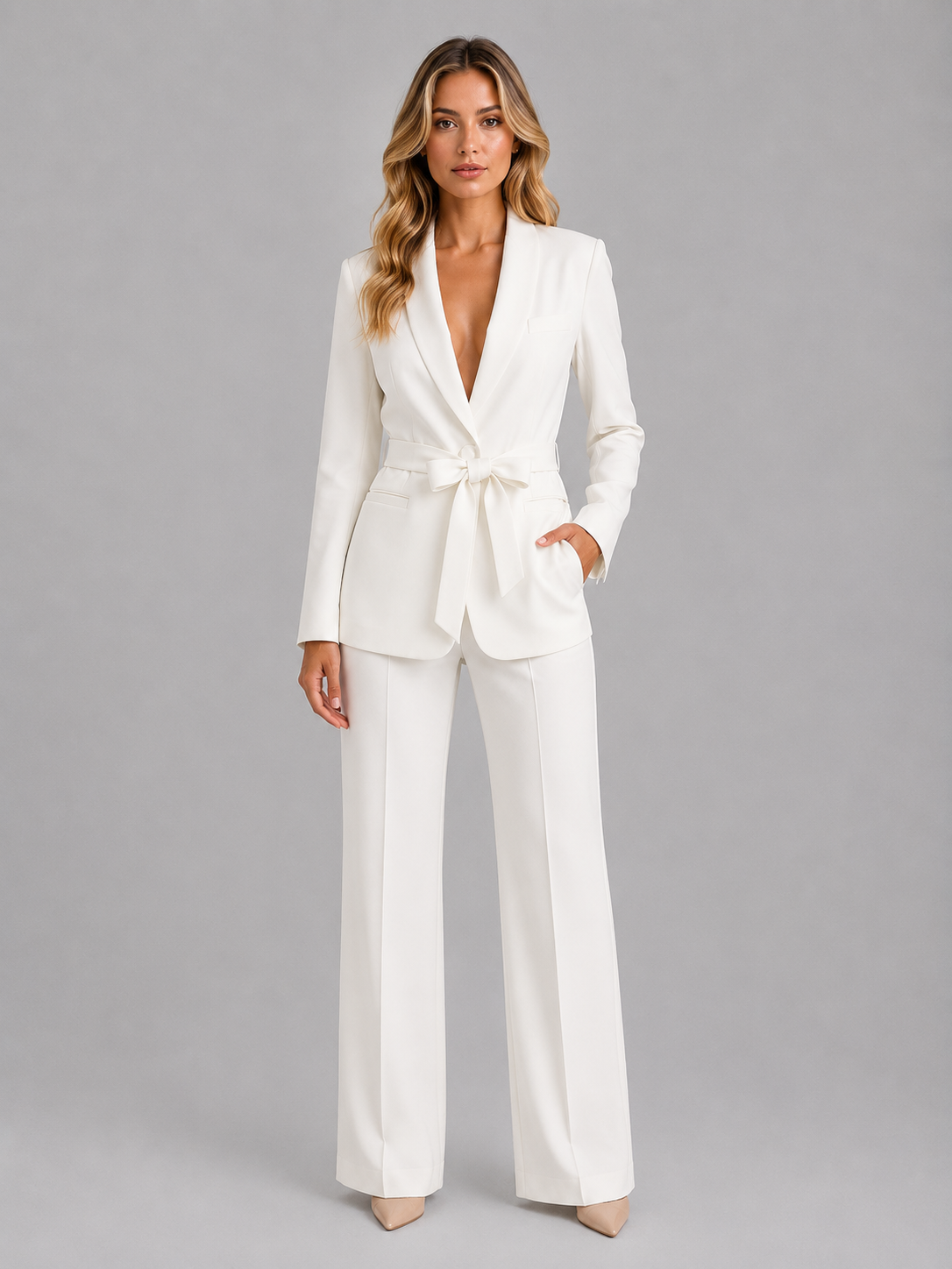 Tailleur Pantalon Blazer Ceinturé et Pantalon Large – Blanc