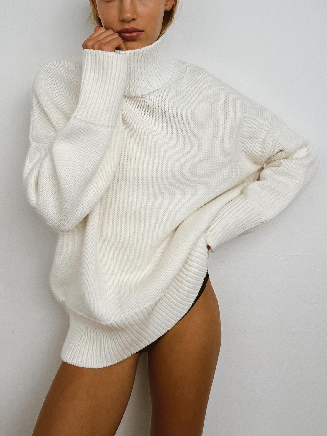 Pull Col Roulé en Maille Mélange Laine – Blanc