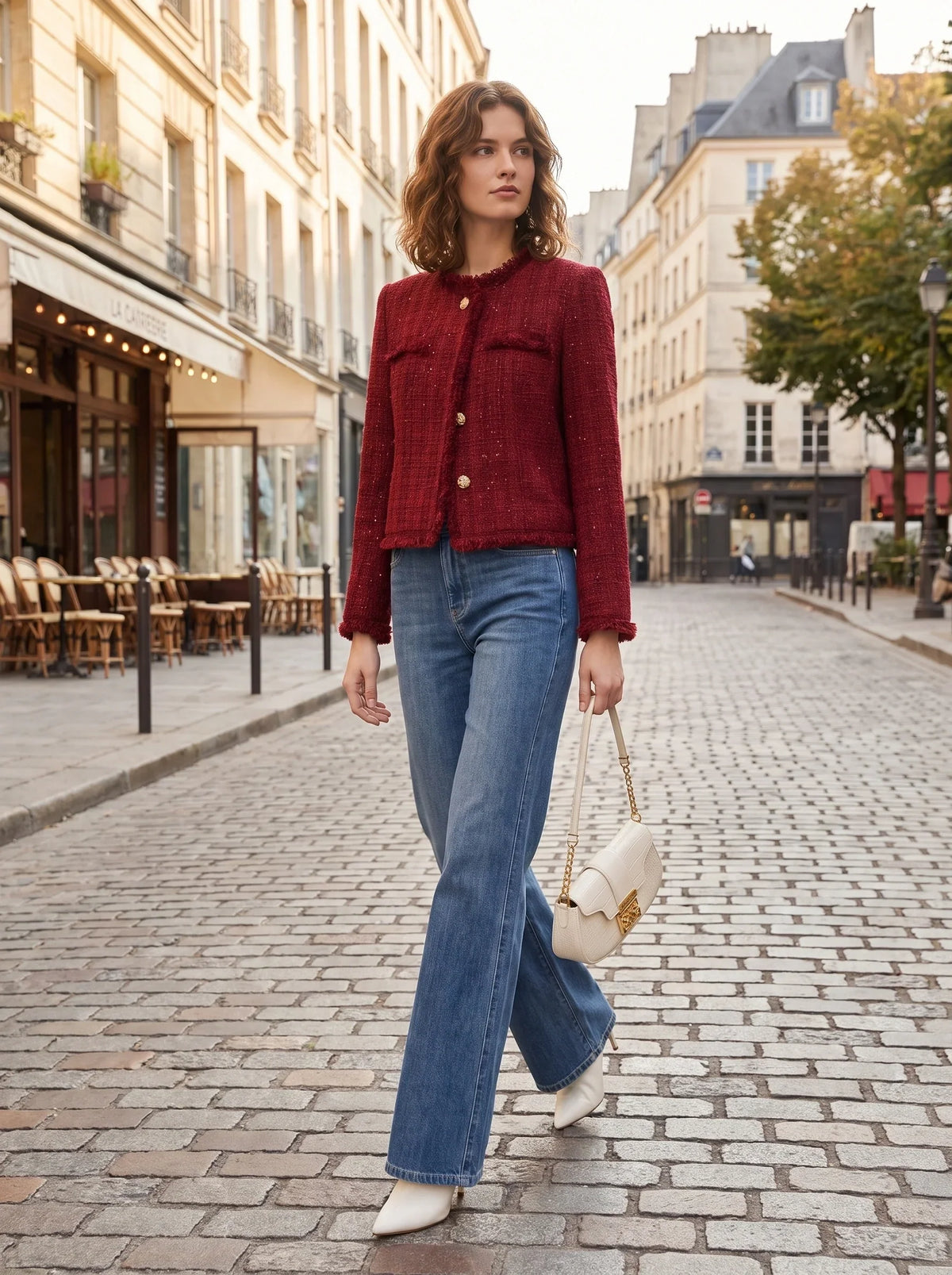 Veste en Tweed à Franges et Boutons Métal – Rouge piment