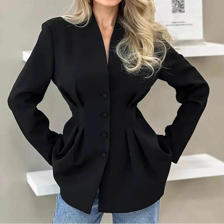 Veste Blazer Cintrée Col V à Manches Longues – vue 3