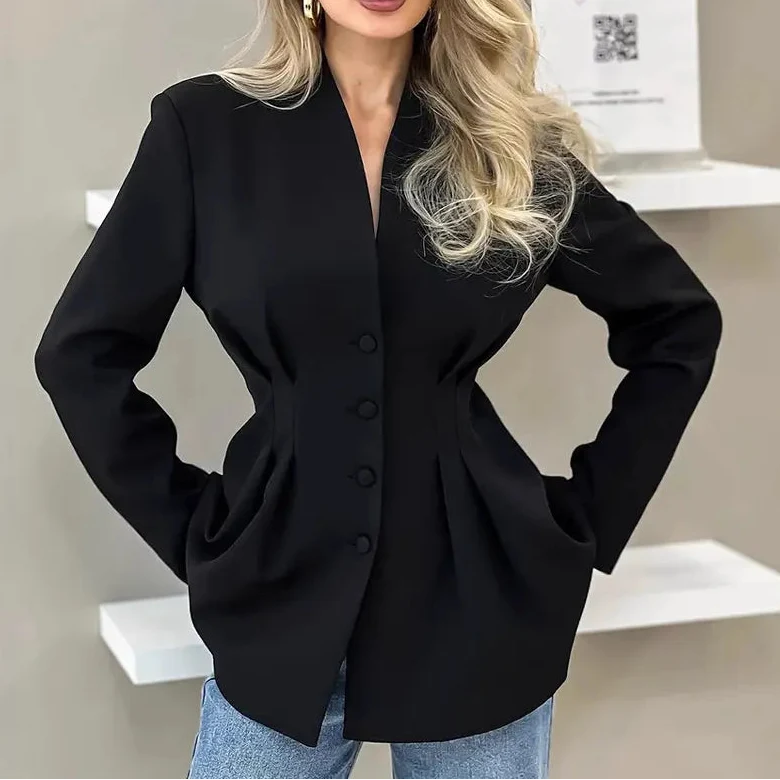 Veste Blazer Cintrée Col V à Manches Longues – Noir