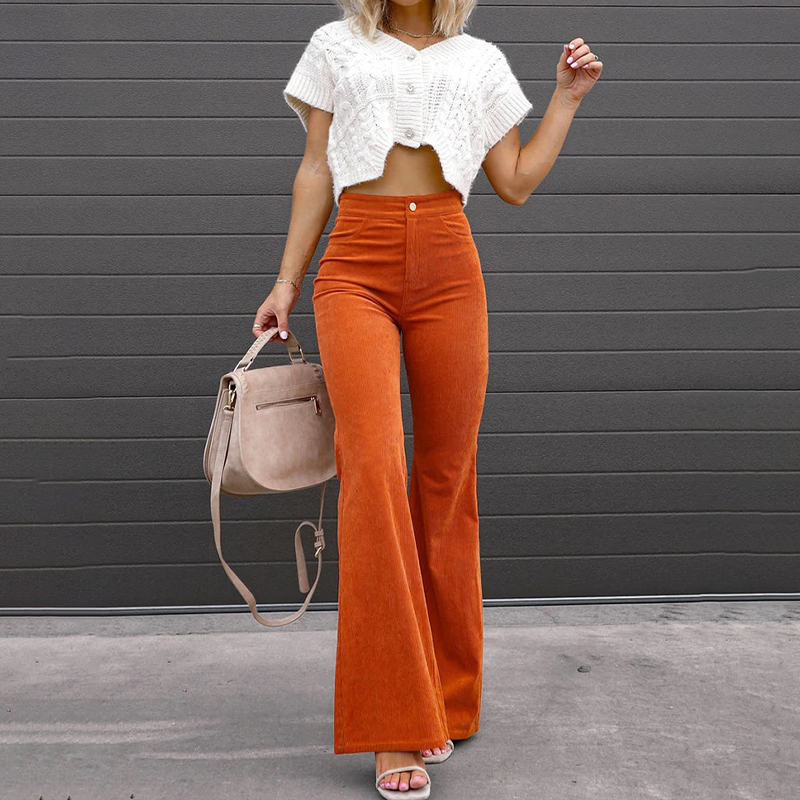 Pantalon Évasé en Velours Côtelé Taille Haute – Orange
