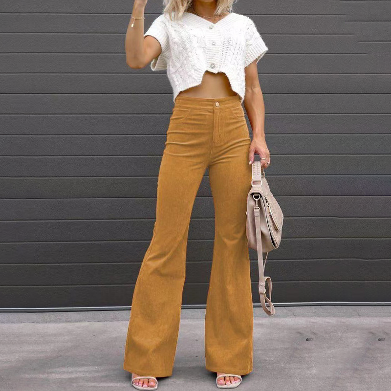 Pantalon Évasé en Velours Côtelé Taille Haute – Camel