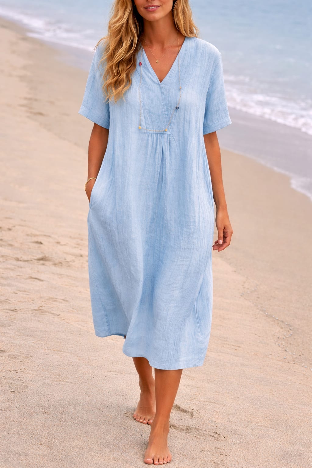 Robe Midi en Lin Col V à Poches – Bleu clair