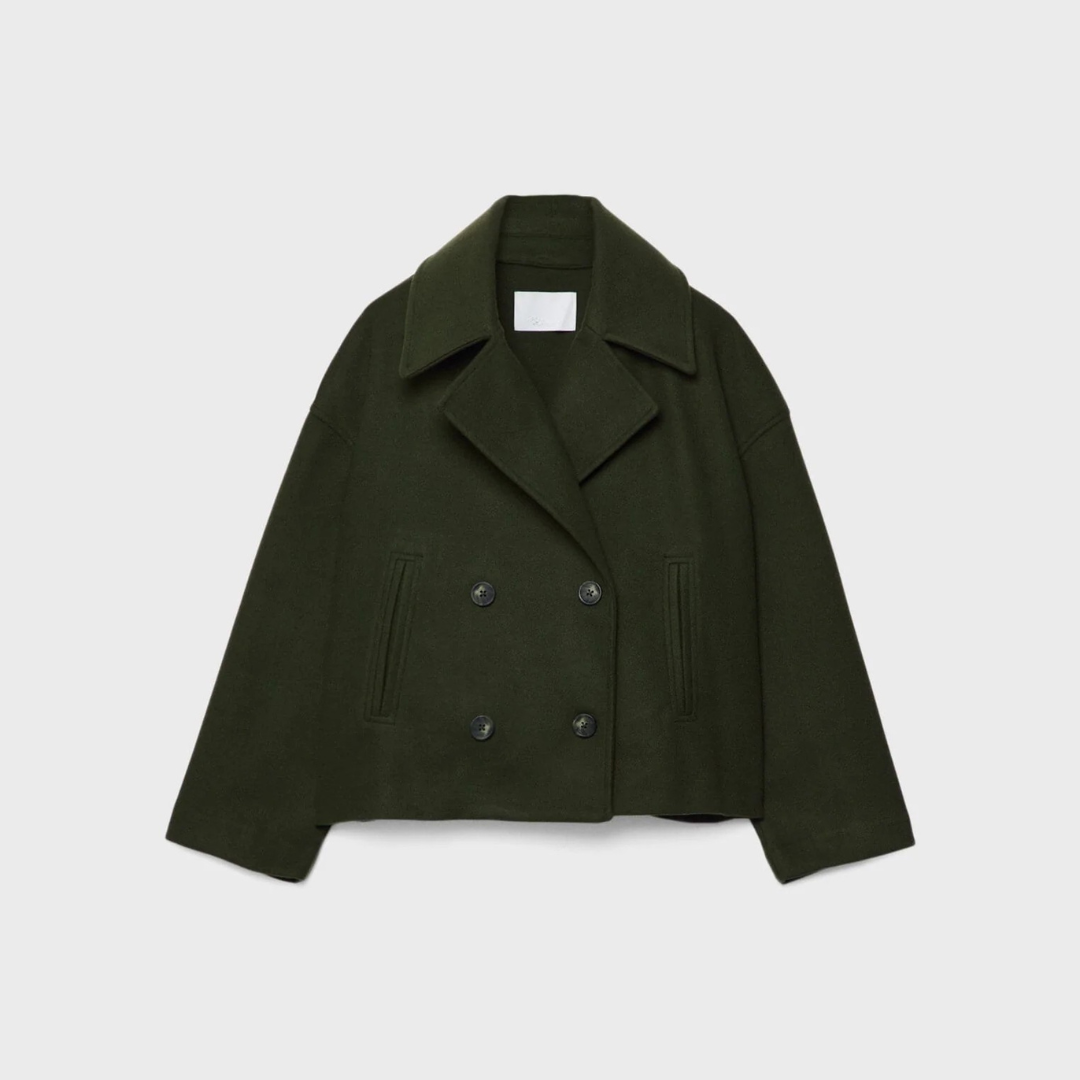 Caban Court Croisé à Double Boutonnage – Vert olive