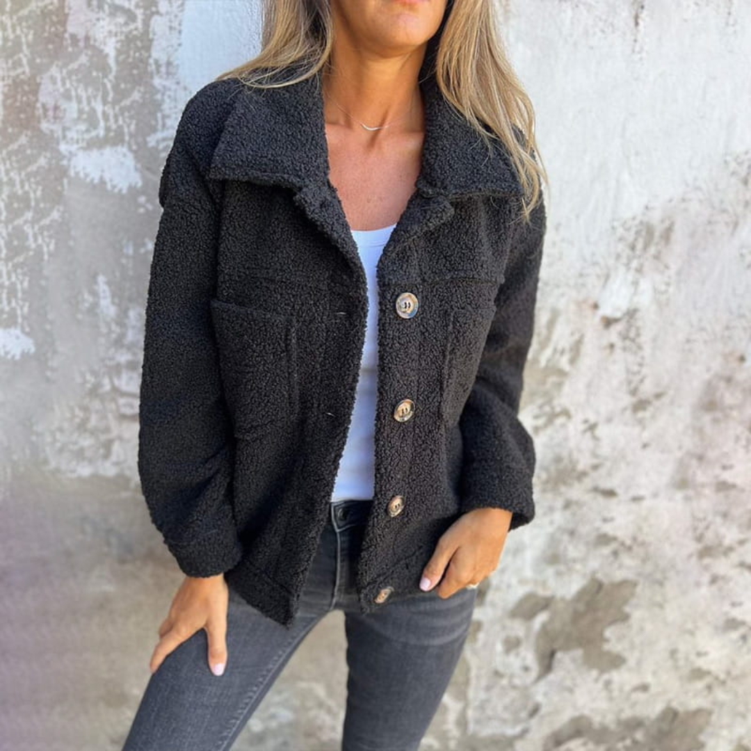 Veste Courte Bouclette Boutonnée à Col Revers – Noir