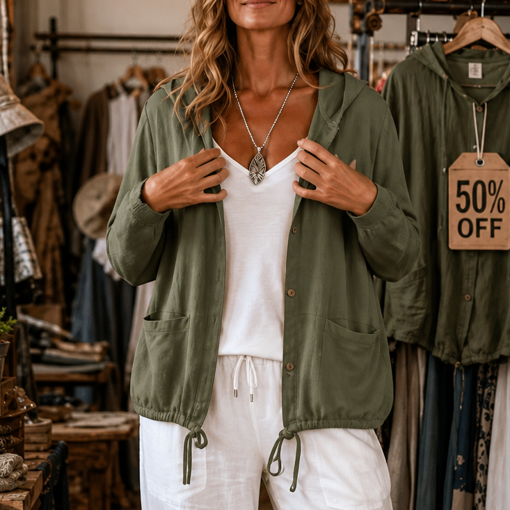 Veste en Maille Légère Zippée à Capuche – Vert olive