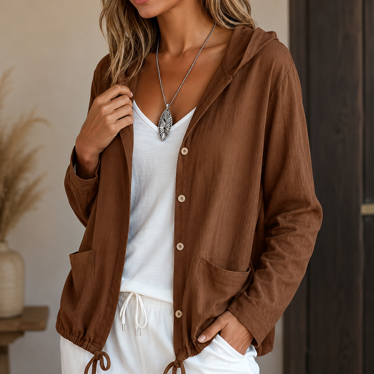 Veste en Maille Légère Zippée à Capuche – Cognac