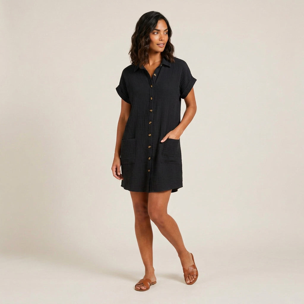 Robe Chemise en Gaze de Coton à Boutons Bois – Noir